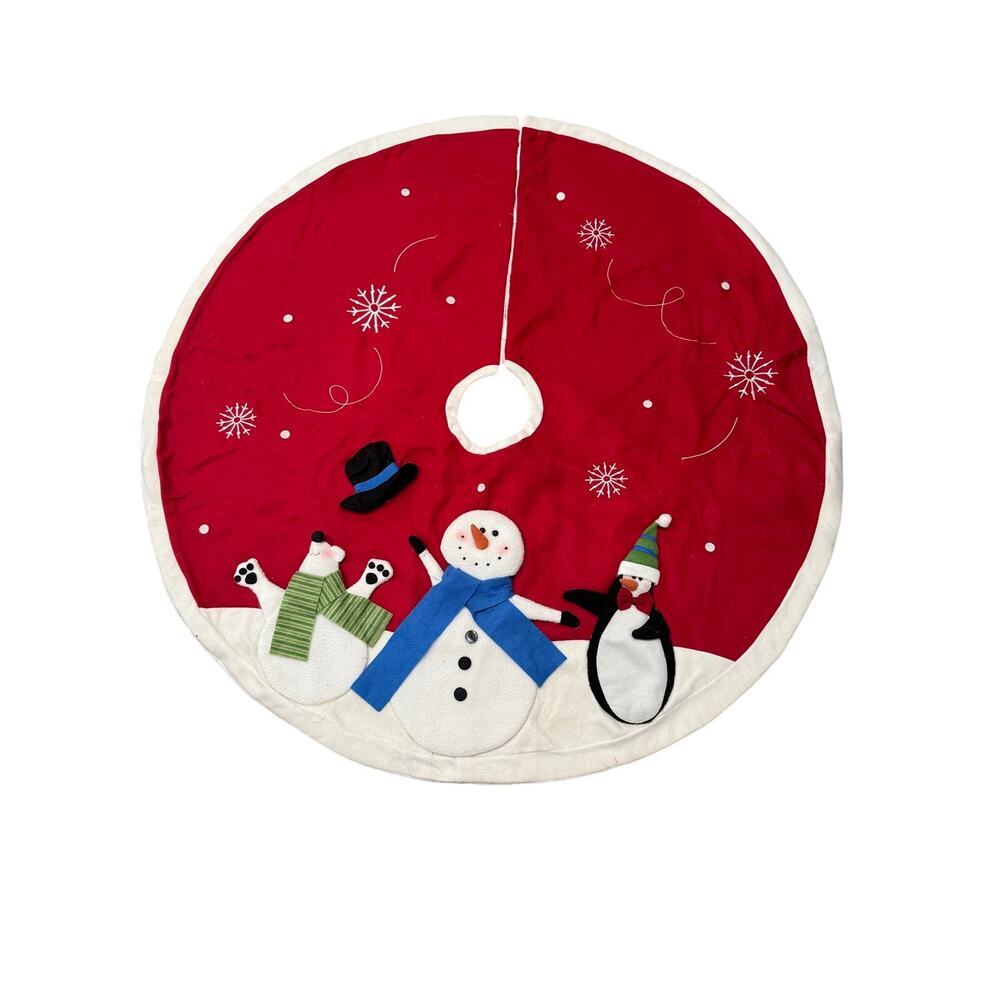 Kohl’s Christmas Tree Skirt Snowman Polar Bear Penguin 48” Red White Plush Decor